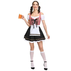 Women's Bavarian Dirndl Dress German Munich Oktoberfest Costume Red Plaid Maid Outfit For Stage Performance Party Cosplay