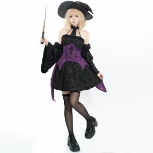 Punk witch costume set for Halloween cosplay, featuring black dress, hat and wand prop view.