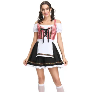 German Oktoberfest dirndl dress for women, traditional maid costume with apron and puff sleeves.