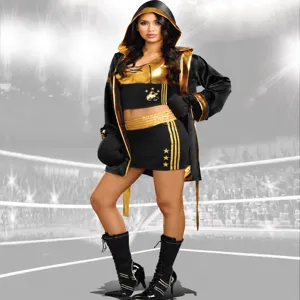 Costume da boxe sexy da donna cosplay outfit con vestaglia con cappuccio e guantoni.