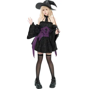 Women Gothic Punk Witch Halloween Costume Set Off Shoulder Halter Dress With Witch Hat Sleeves For Party Role Play