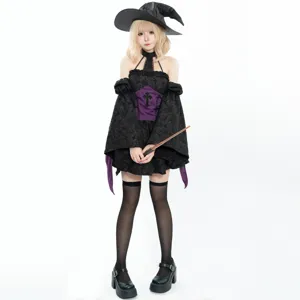 Detailed view of the punk style witch costume, featuring black and purple design details.