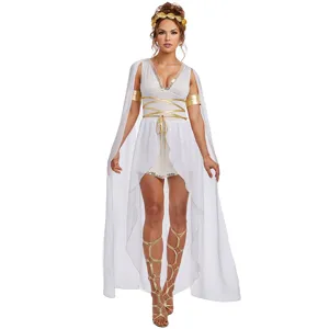 Greek goddess costume for women, white and gold Roman toga dress with cape and accessories.
