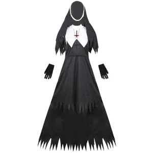 Costume de cosplay de bonne sœur zombie d'Halloween avec robe, coiffe et gants.