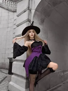 Punk style witch costume set for women, perfect for Halloween cosplay parties, black and purple.