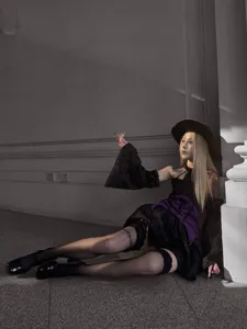 Punk witch Halloween COS costume set for women, dark gothic style dress with hat.
