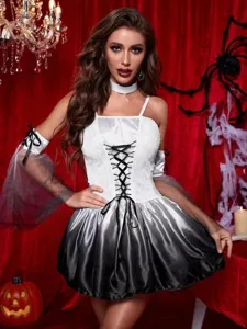 Halloween dark angel costume for women, gothic ghost bride dress with choker and sleeves.