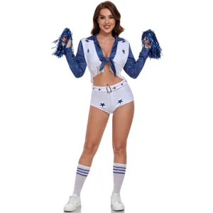 Women Sexy Star Print Cheerleader Costume Sequin Fringe Top And Bottom Performance Outfit Football Baby Cosplay Uniform