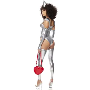 Women metallic silver tin man cosplay costume set with red heart bag for halloween party.