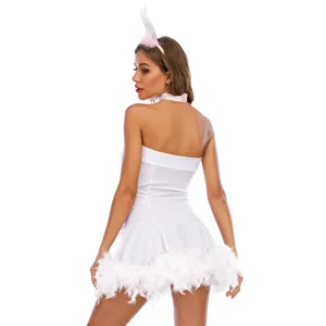 Sexy white bunny girl costume strapless dress with feather trim and ears for role play