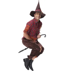Adult Halloween wizard costume set with pointed hat plaid shirt and broom prop for men