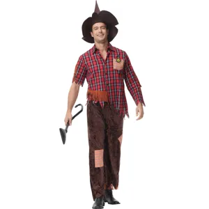 Halloween scarecrow costume for men, includes plaid shirt and pants. Perfect for cosplay.