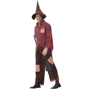 Halloween scarecrow wizard costume for men cosplay outfit red plaid shirt pointy hat set