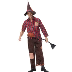 Halloween scarecrow costume detail view, adult men festive cosplay outfit with plaid shirt hat.