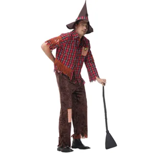 Halloween scarecrow costume detail featuring plaid top, patched pants and witch hat.