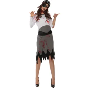 Details of women's Halloween vampire pirate cosplay costume with blood stains and eyepatch.
