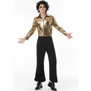 Detailed view of the 1970s disco costume featuring a shiny gold metallic shirt and black pants.