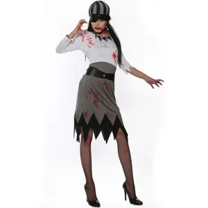Detailed view of the Halloween zombie pirate costume, featuring bloody print and jagged hem.