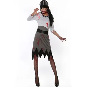 Halloween vampire female pirate cosplay costume set with striped hat, eyepatch and dress.