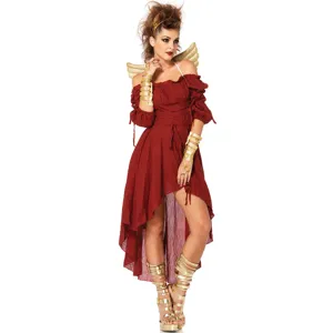 Detailed shot of the retro Greek goddess dress, showcasing the unique high-low red skirt hem.