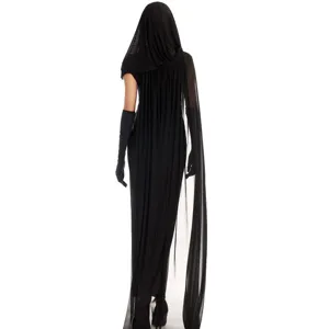 Costume da strega nera con cappuccio abito cosplay vampiro con mantello trasparente donna