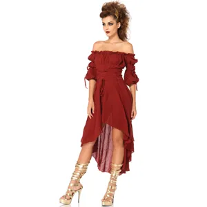 Red retro renaissance medieval Greek goddess high-low dress stage performance costume.