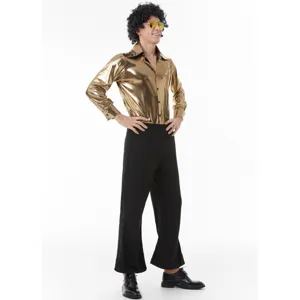Retro 70s disco costume set featuring a shiny gold shirt and black flare pants for parties.