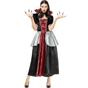 Vista detallada de vestido cosplay reina gótica disfraz vampiro mujer fiesta halloween.