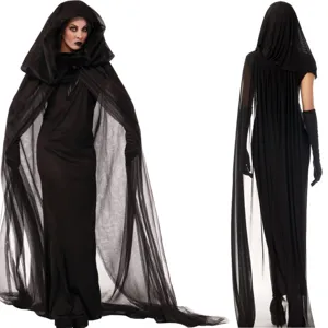 Abito da costume da strega nera con cappuccio da donna, perfetto per cosplay di Halloween.