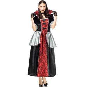 Vista detallada del disfraz de cosplay de reina vampiro gótica con encaje y cuello.