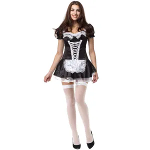 Classic black white maid costume cosplay outfit with apron and white stockings for women.