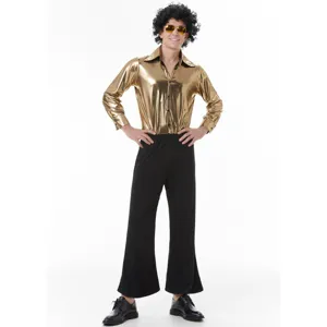 70s disco costume shiny gold shirt and black bell bottom pants stage outfit for men