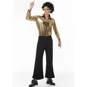 70s retro disco costume men shiny gold shirt black flared pants festival party stage outfit