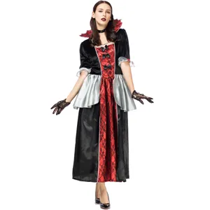 Disfraz de reina vampiro de Halloween vestido negro y rojo gótico con cuello alto y guantes
