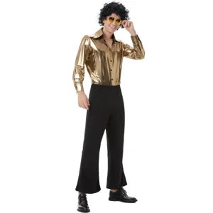 Retro 70s disco metallic gold shirt and black flared pants stage costume apparel detail view.