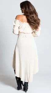 Detailed view of the vintage off-shoulder midi dress featuring ruffles and smocked details.