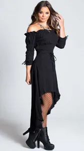 Black off-shoulder high-low vintage dress, perfect for stage performances and party wear.