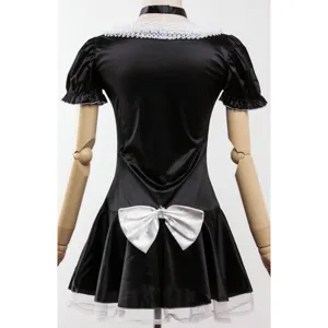 Back detail of the black and white maid cosplay dress with a cute white bow and lace trim.