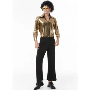 Detailed view of the 70s retro disco shirt and black pants outfit for stage performance.