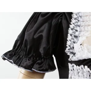 Detailed close-up view of black maid cosplay costume sleeve with delicate white lace trim.