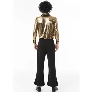 Retro 70s disco costume detail view, shiny gold shirt and black flared pants for party.