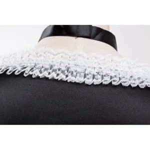 Detailed view of the maid costume collar featuring white lace trim and black satin choker.