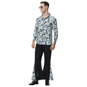Men's 70s Disco Vintage Costume Outfit Retro Hippie Party Long Sleeve Shirt Bell Bottoms