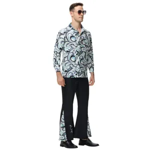 Retro 70s disco style men's party costume featuring psychedelic print shirt and bell bottoms.