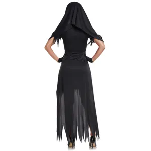 Vue arrière détaillée du costume de nonne zombie d'Halloween noir avec voile.