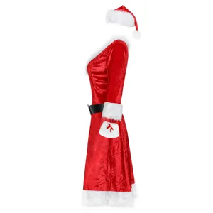 Femme sexy robe de costume de cosplay du Père Noël en velours rouge avec bordure en peluche.
