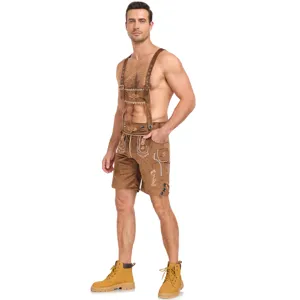 Men's Oktoberfest Lederhosen costume detail view showing brown suspender shorts.