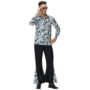 Retro 70s disco men's costume outfit for vintage music festival party and holiday events.