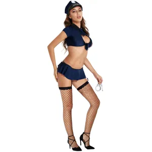 Costume de Cosplay de Policière Sexy pour Femme Haut Court Bleu Foncé Et Minijupe en Polyester Lingerie Uniforme Avec Chapeau