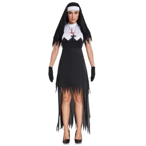 Déguisement de bonne sœur zombie pour Halloween, robe cosplay effrayante avec coiffe et croix.